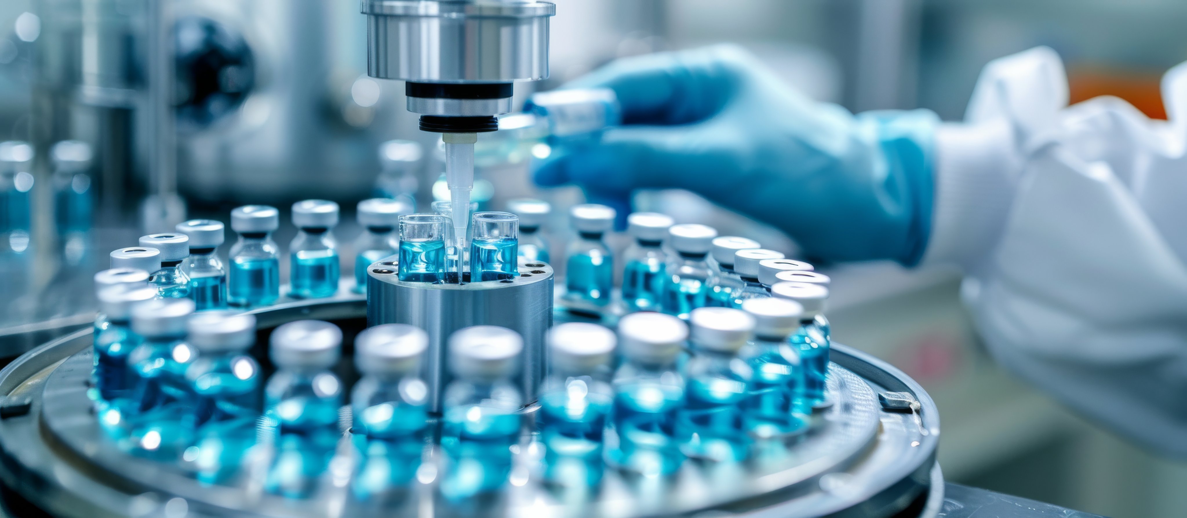 Close-up of automated laboratory equipment in a modern medical research facility. Gloved hands handle vials filled with blue liquid, indicating precision in scientific testing and development.