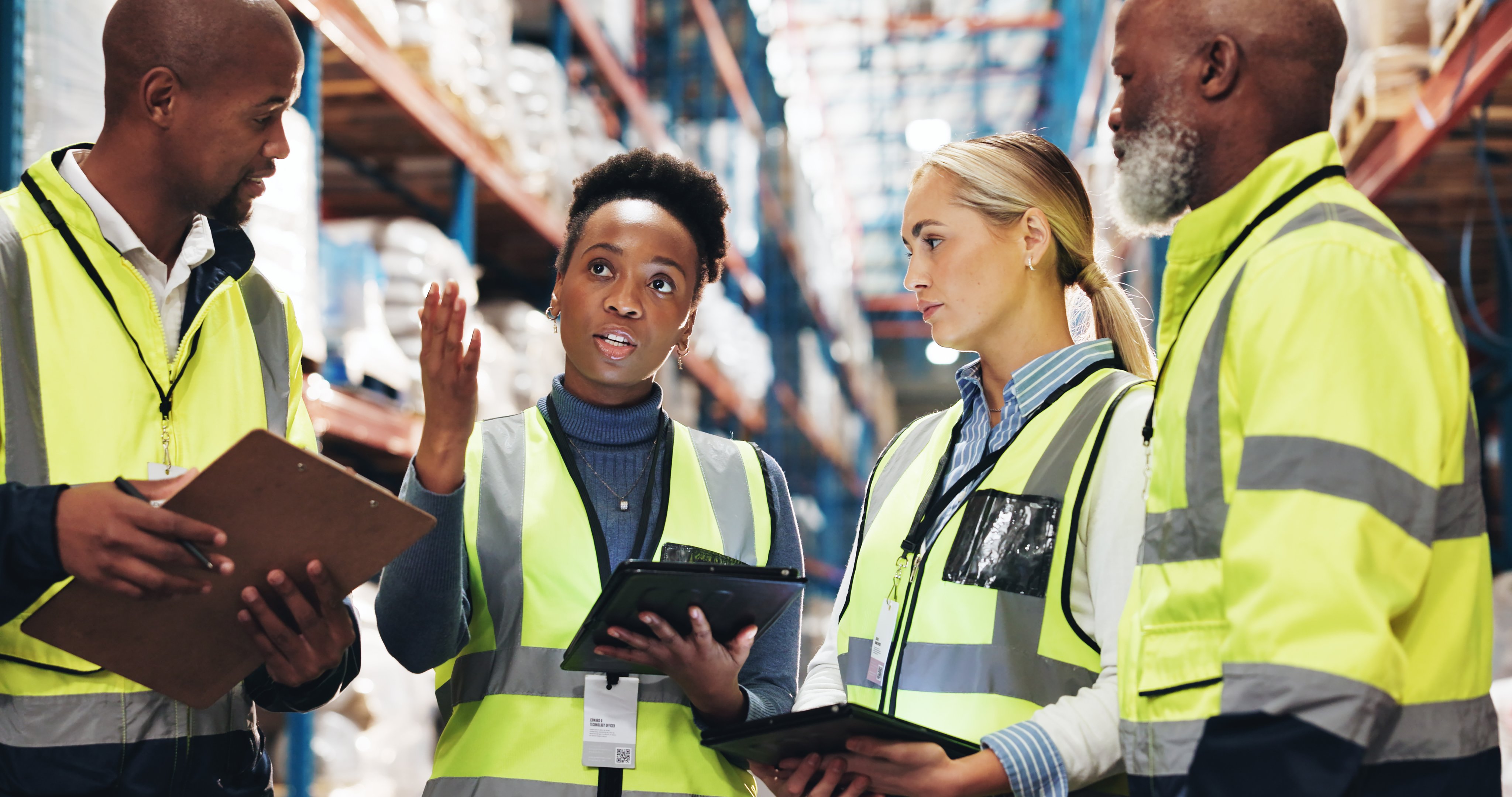 Warehouse, supply chain and people with tablet in meeting for inspection checklist, plan and update. Dropshipping, storage and worker with tech by shelf for inventory, export or operations management.