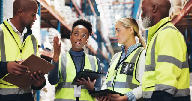 Warehouse, supply chain and people with tablet in meeting for inspection checklist, plan and update. Dropshipping, storage and worker with tech by shelf for inventory, export or operations management.