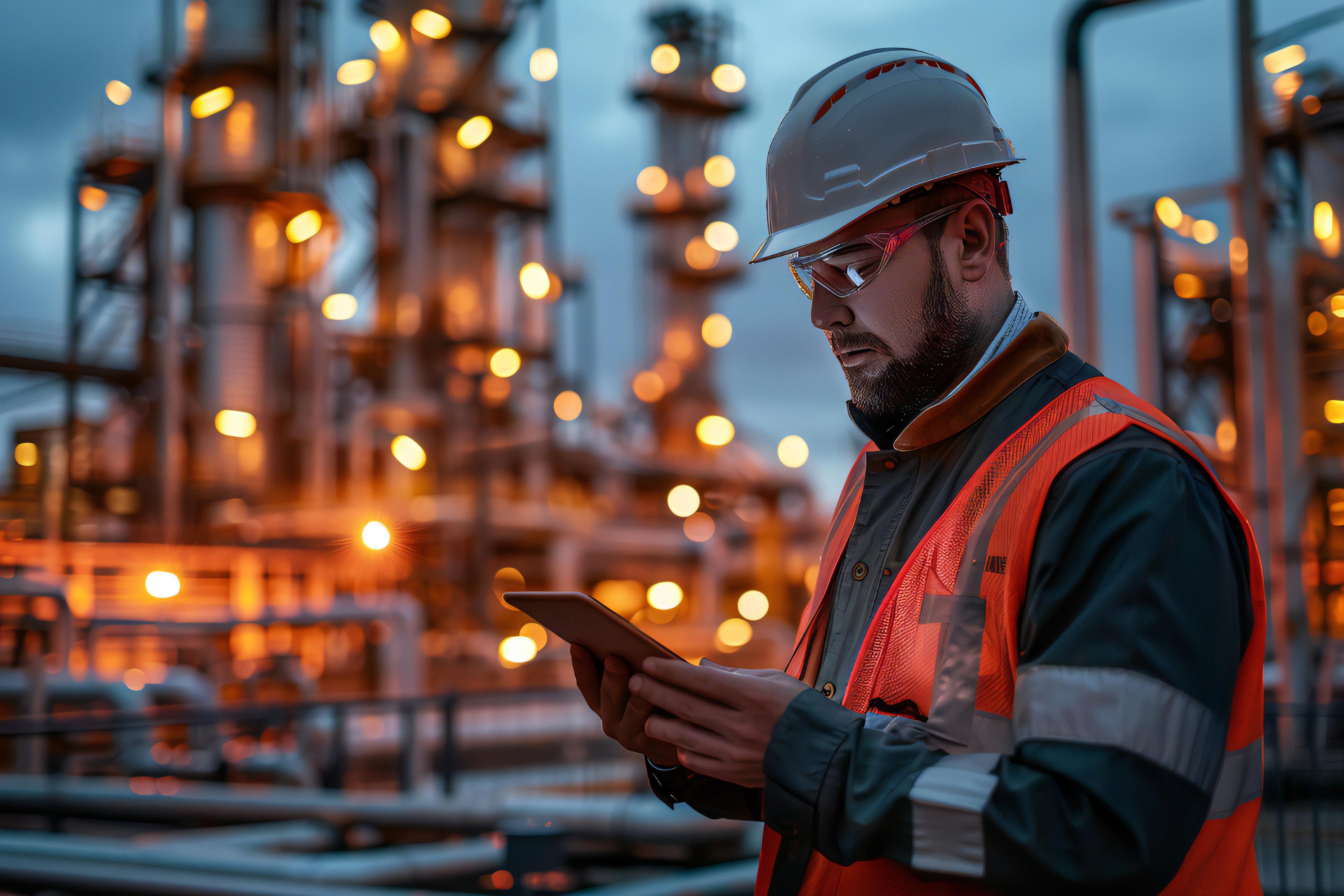 A man in a safety vest is looking at a tablet while standing in front of a large industrial plant