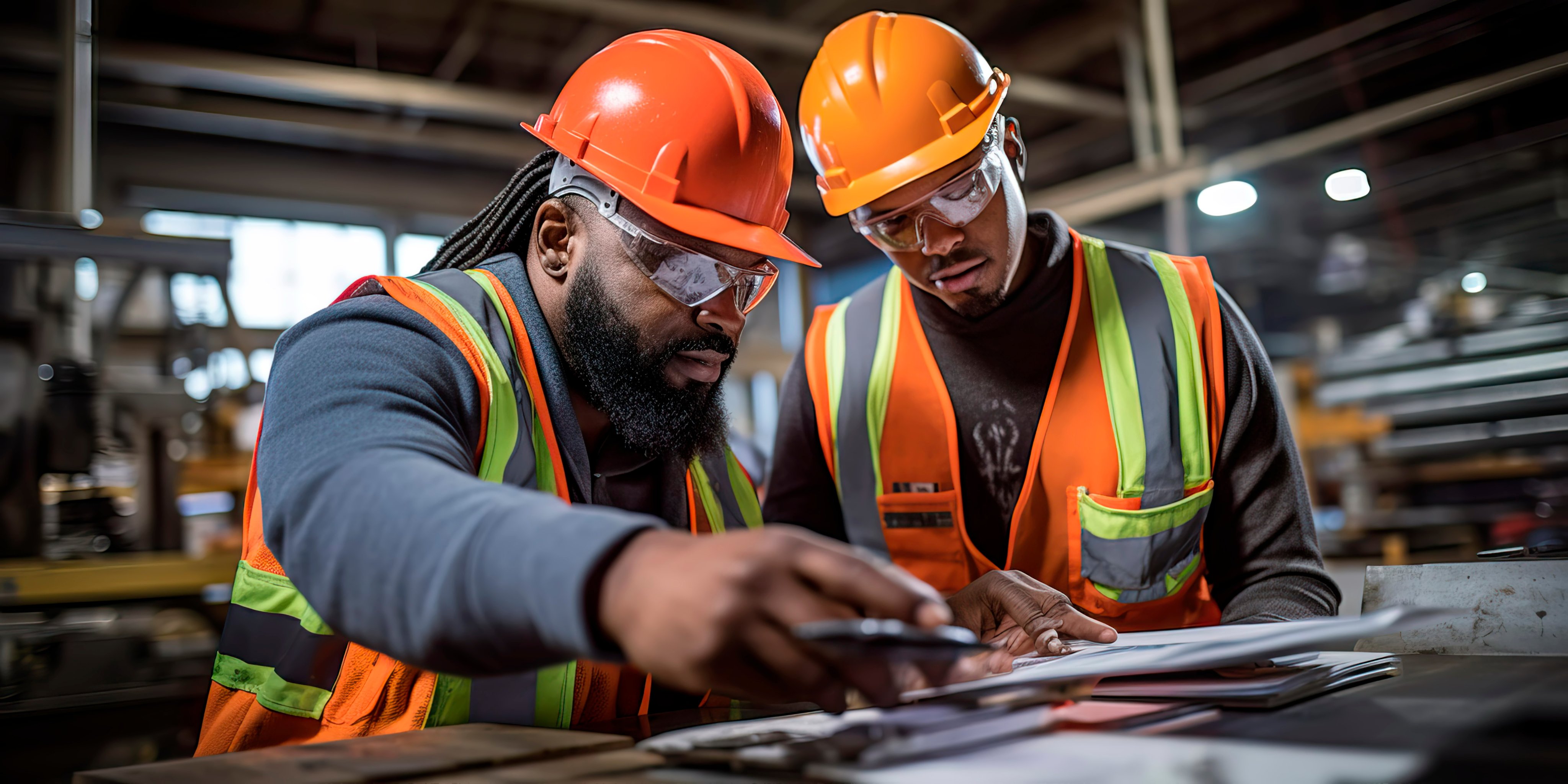 Industrial workers in safety vests and hard hats collaborating on a project.