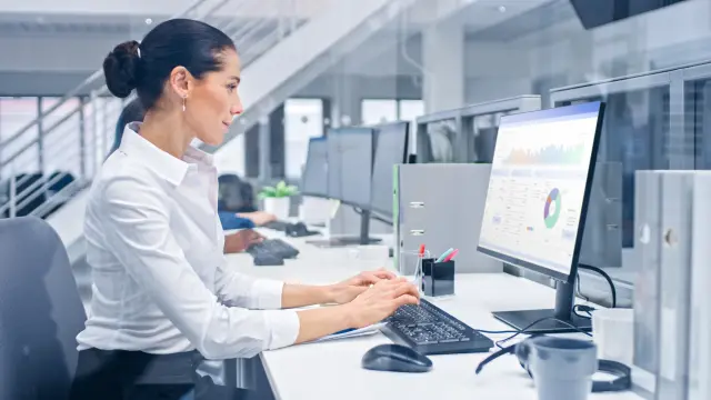 Young Handsome Female Manager is Working on Her Personal Computer with Data Statistics, Charts and Graphs. Diverse and Motivated Business People Work in Bright Modern Open Office.