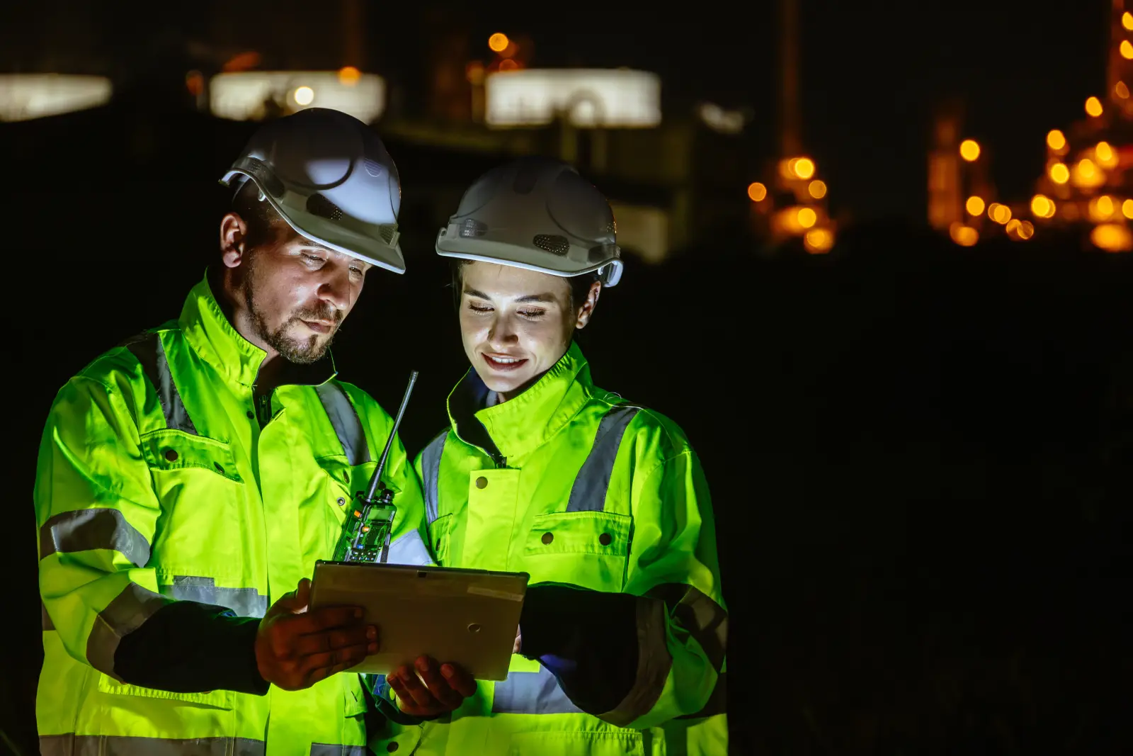 Night Shift Industrial Workers Inspection Plant High visibility Helmets Operational Safety Discussion Service Pipes, Industry Teamwork Refinery Maintenance, Construction Industry Workers Facility Engineer