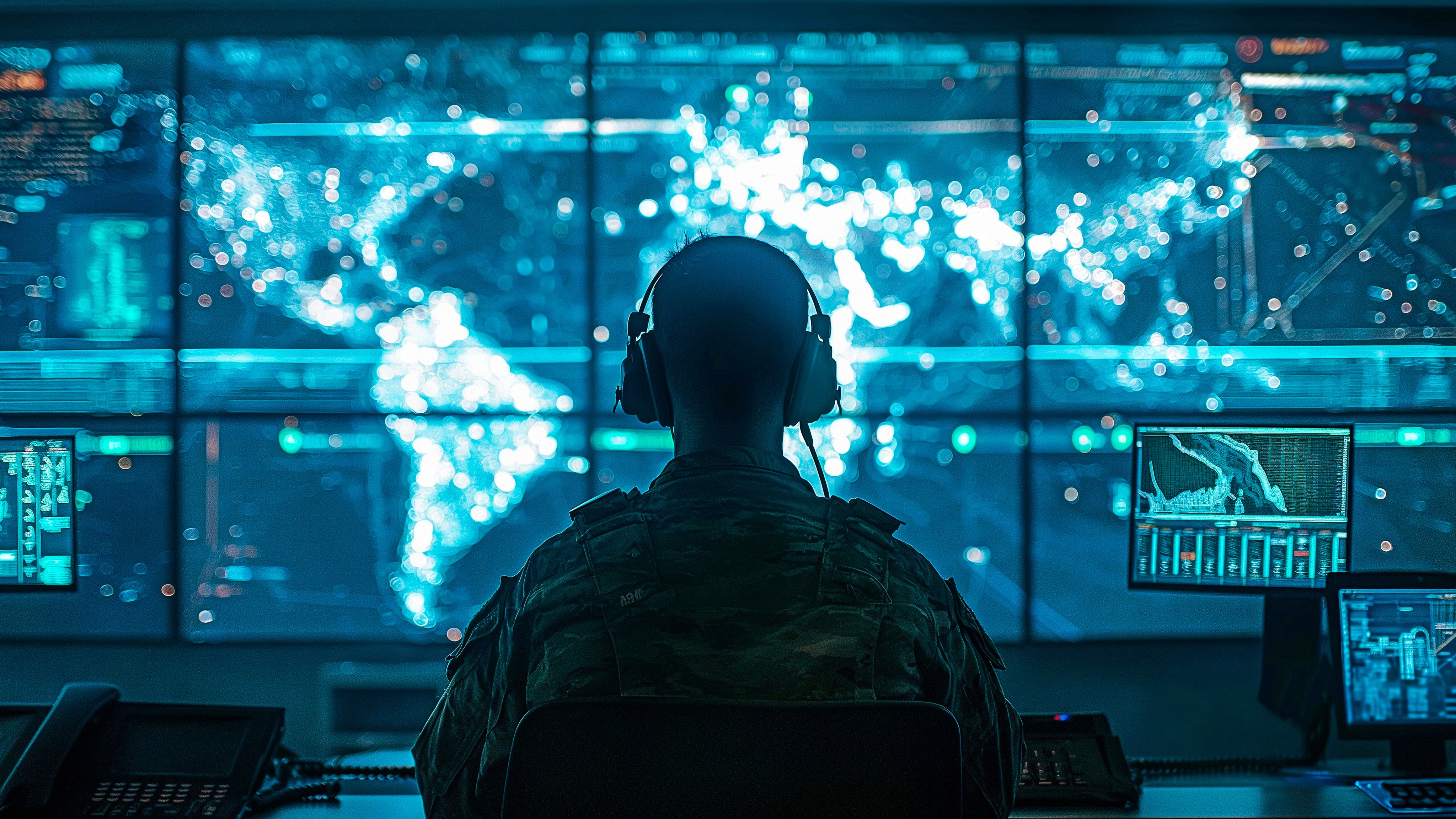 In a central office hub, a Military Surveillance Officer oversees army communications and national security via a tracking system.