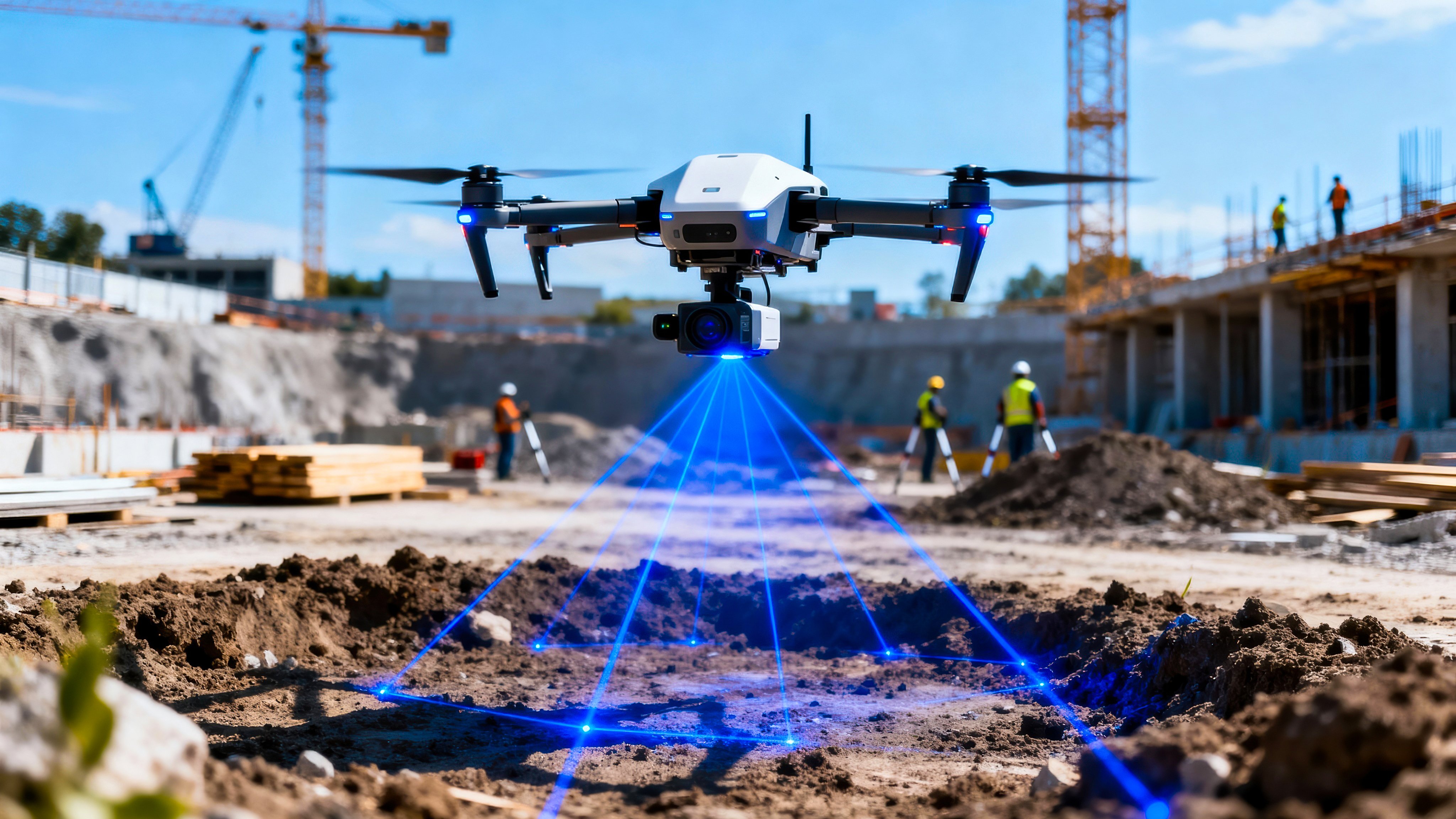 Medium shot of robotic surveying drone scanning a construction area with laser sensors enabling precise site measurements and efficient planning.