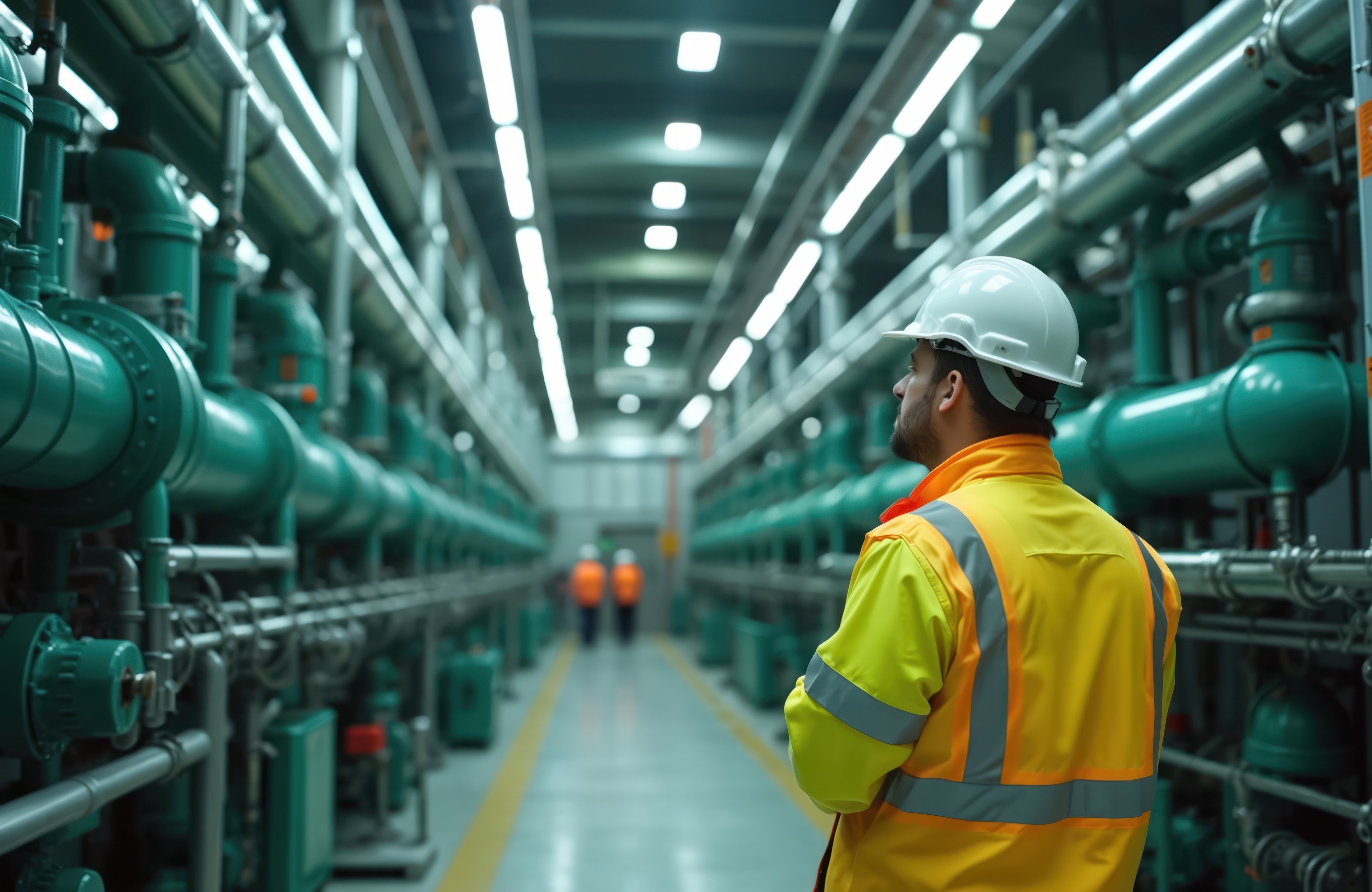 Engineer in hardhat inspects rows of industrial pipes and machinery. HVAC system in large facility. Climate control equipment generates cool, air for building interior.