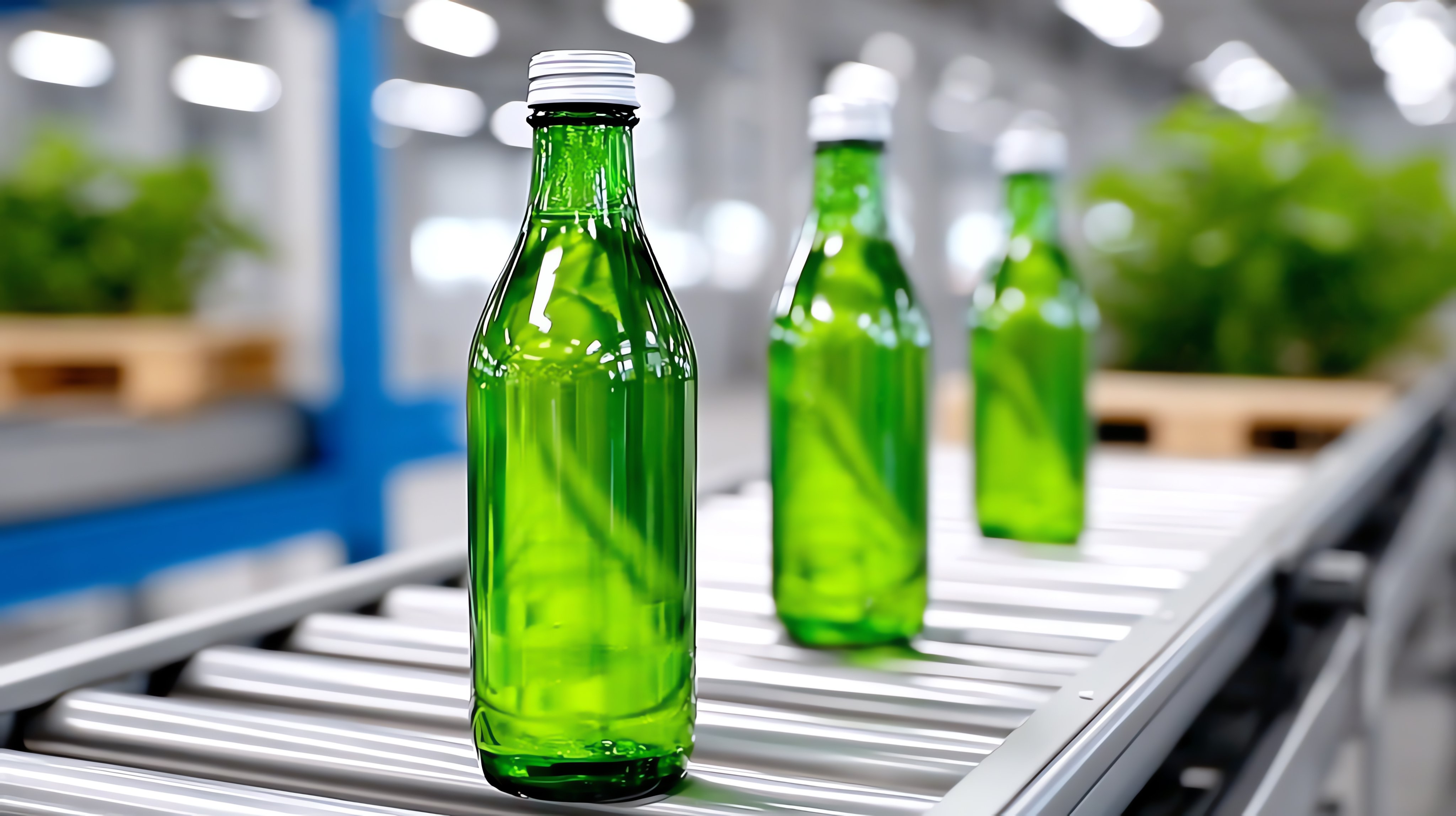 Green glass bottles on a production line, symbolizing beverage manufacturing and industrial efficiency.