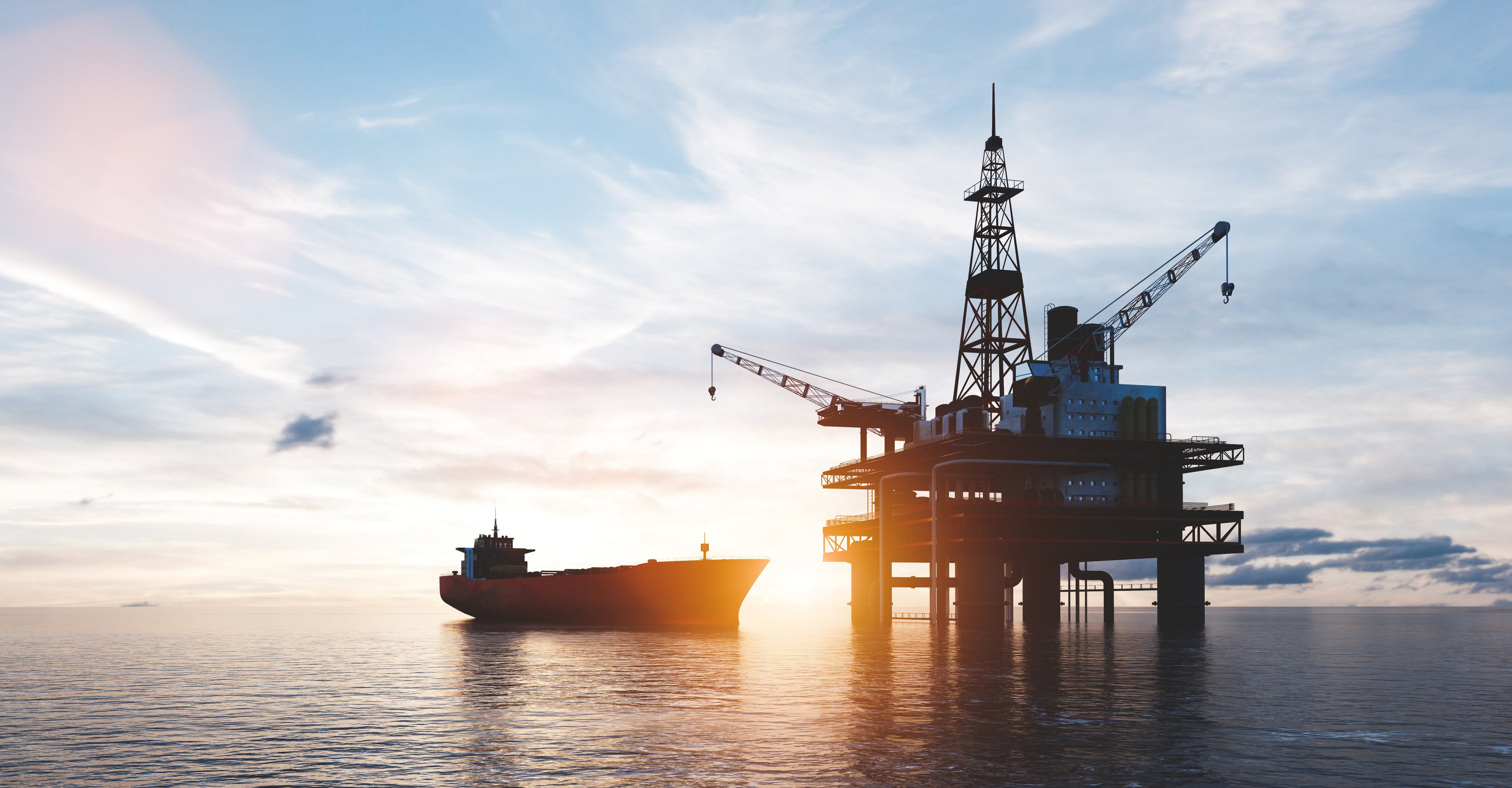 Oil platform on the ocean. Offshore drilling for gas and petroleum or crude oil. Industrial