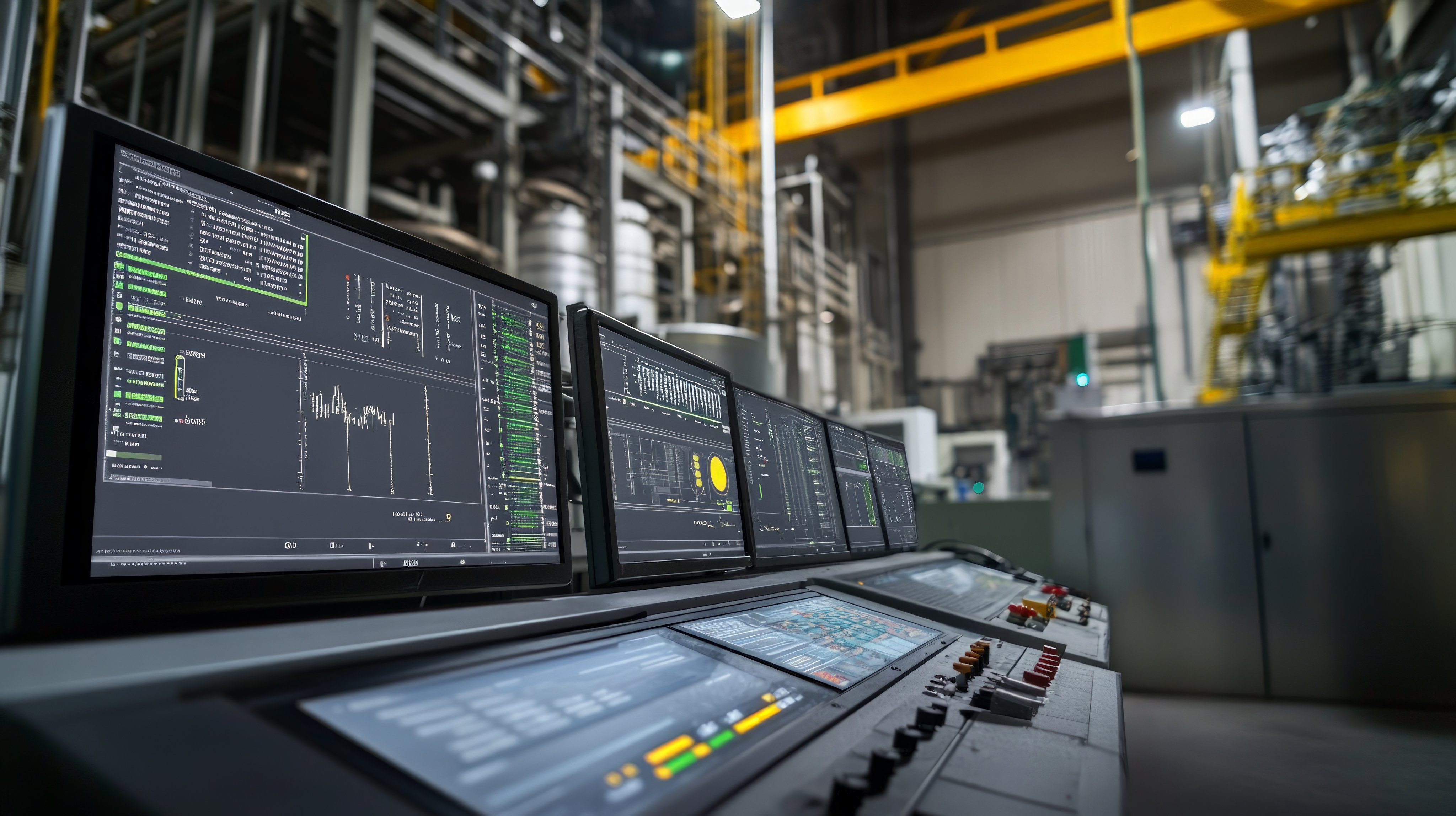 Stock image of an industrial IoT setup in a factory, featuring sensors and monitors displaying production data in real-time --ar 16:9 --v 6.1 Job ID: 9caae302-646e-4c54-bb49-3077dada9bc7