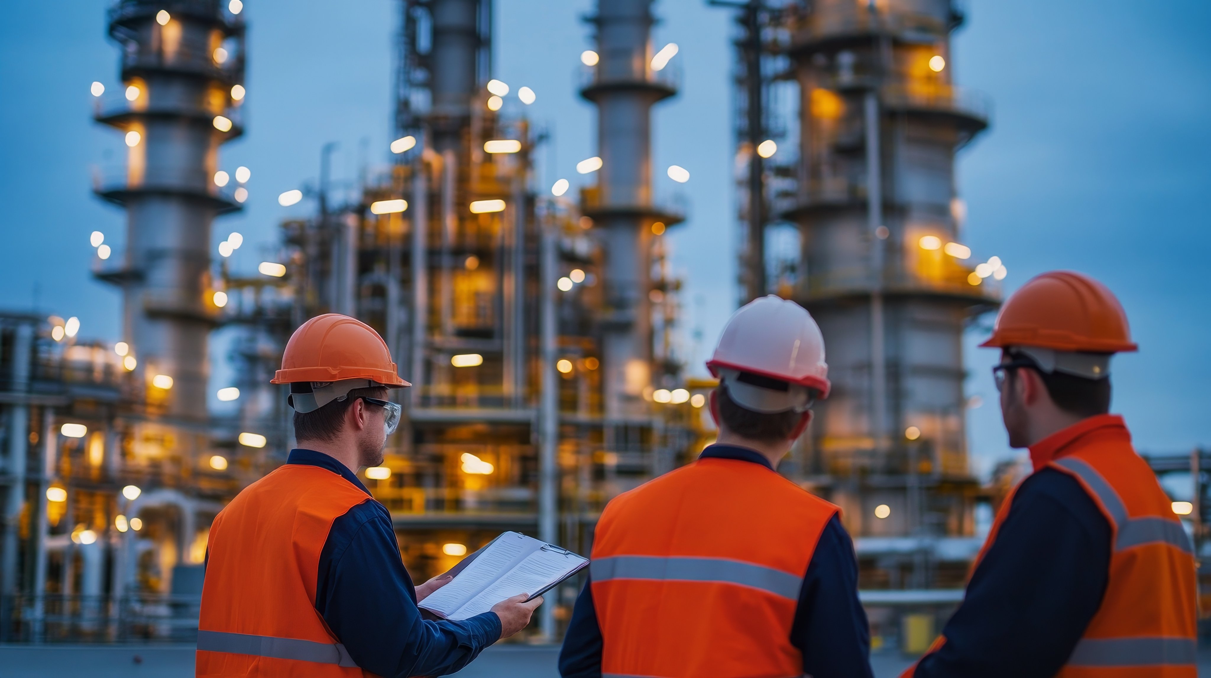 Refinery industrial engineers working and discussing in front of an oil and gas industrial plant --ar 16:9 --v 6.1 Job ID: 18a86b42-dc63-49b0-8e1f-a5073c206d45