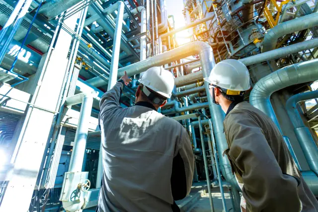 Industrial engineer or worker checking pipeline at oil and gas refinery plant form industry zone with sunrise and cloudy sky, oil and gas Industry concept.
