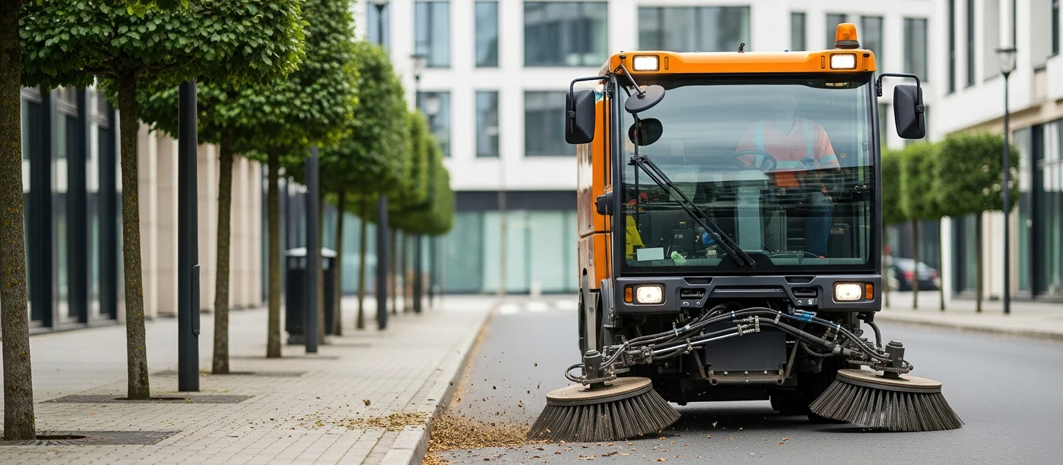 An orange street sweeper truck cleaning a paved road in a modern city environment. The utility vehicle features rotating brushes that are actively sweeping dust and debris from the gutter near the curb. A driver wearing a high-visibility vest is visible inside the cabin. The background includes a row of manicured green trees along a paved sidewalk and contemporary white buildings with large windows.