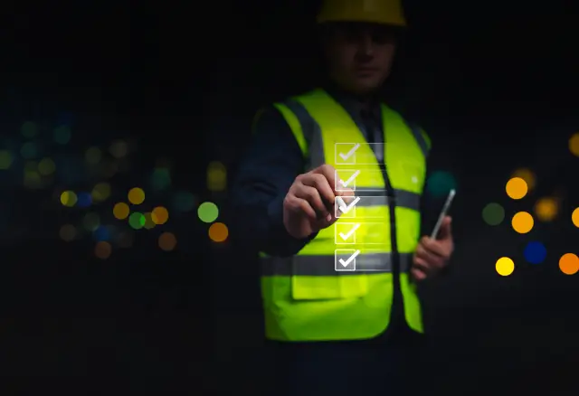 Engineer verifying a digital checklist on a construction site. Safety inspection process enhances project quality and operational standards