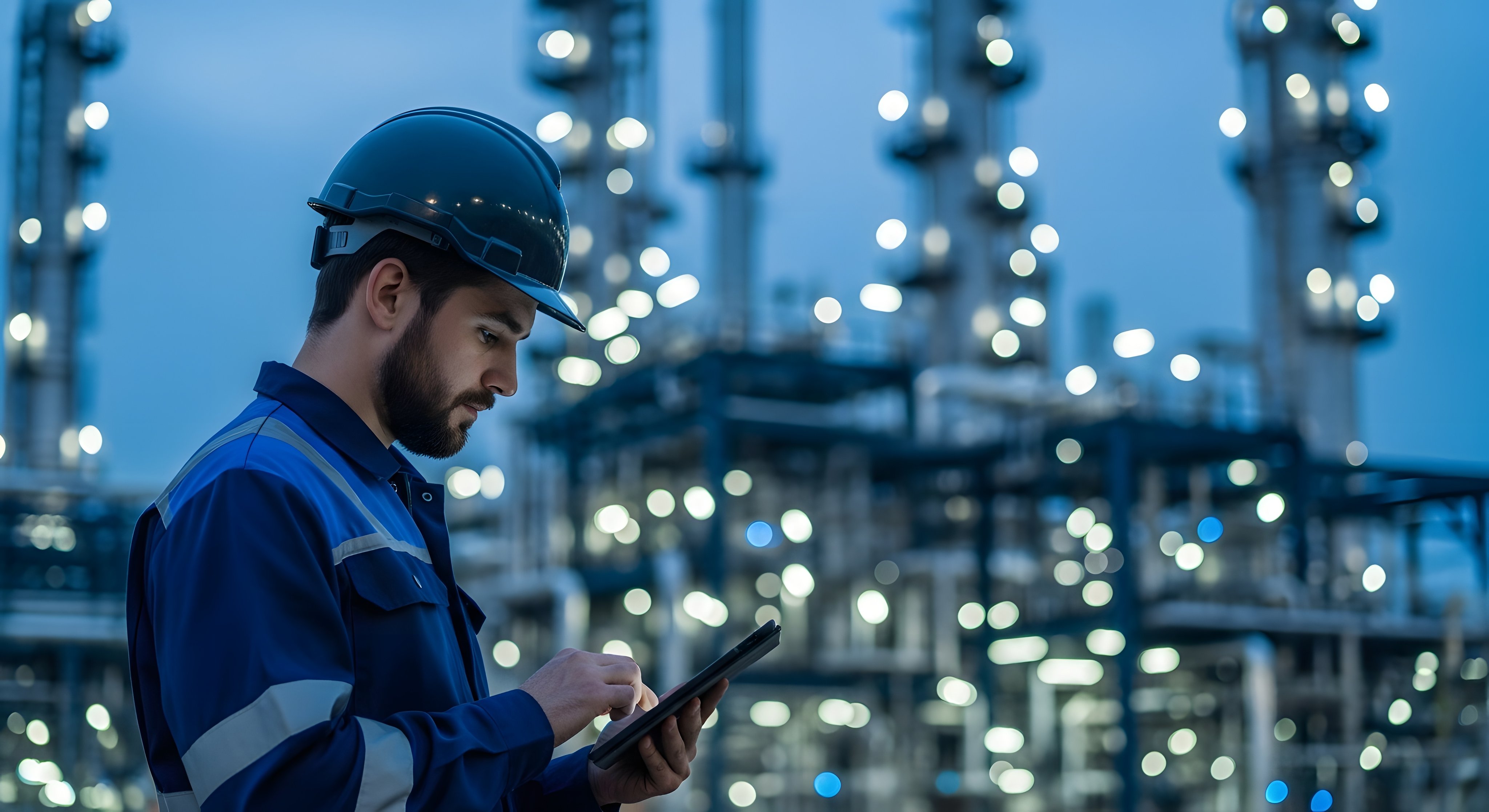 A professional male engineer wearing a hard hat and protective uniform inspecting a petrochemical refinery plant with a digital tablet during the twilight shift.