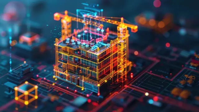 Digital construction blueprint with augmented reality overlays showing building materials and progress tracking --chaos 20 --ar 16:9 --v 6 Job ID: 75b9a792-752c-414a-88fa-f4008b32fc2b