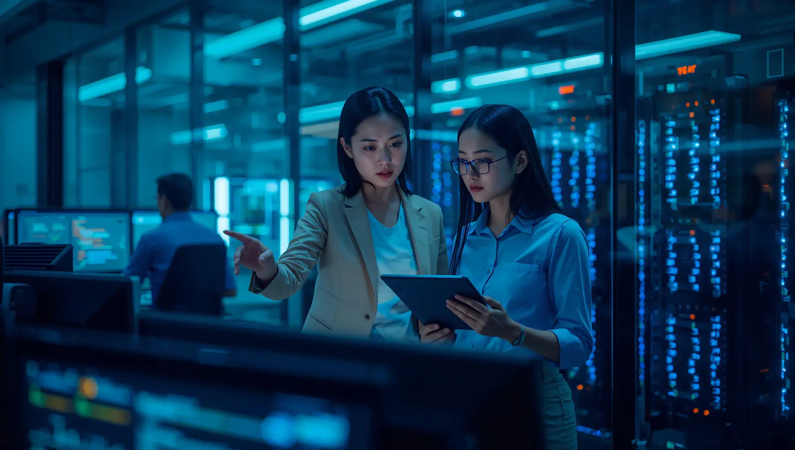 Professional women specialists analyzing enterprise software and data infrastructure for innovation in high-tech workspace