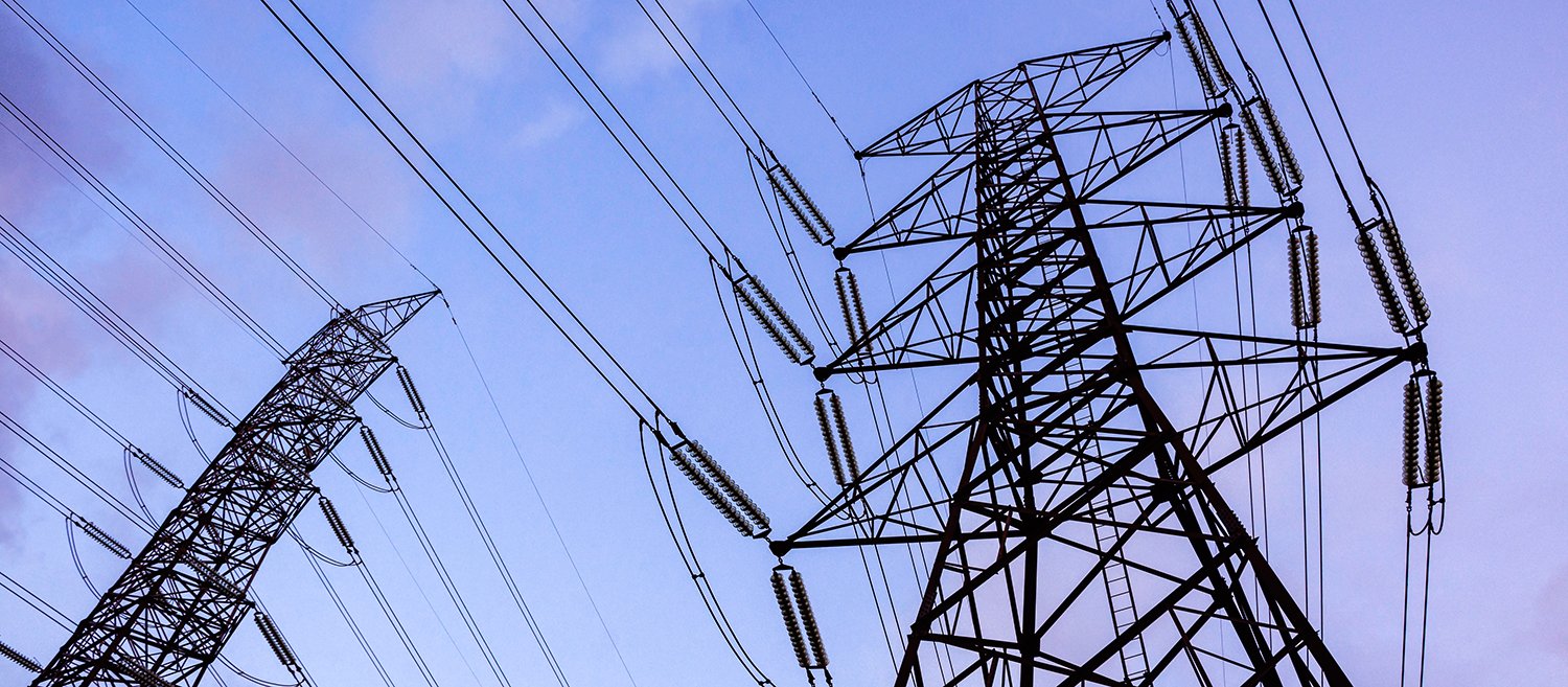Electricity pole with dark sky before sunrise, Transmission line of electricity to rural, electricity transmission pylon