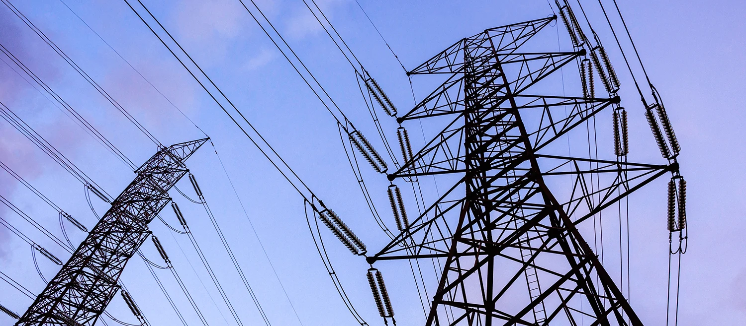 Electricity pole with dark sky before sunrise, Transmission line of electricity to rural, electricity transmission pylon