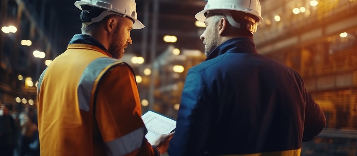 Two men in hard hats standing next to each other. Suitable for construction or engineering concepts.