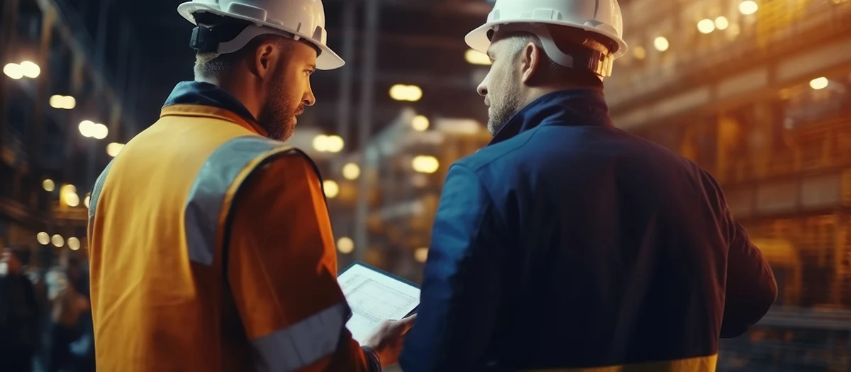 Two men in hard hats standing next to each other. Suitable for construction or engineering concepts.
