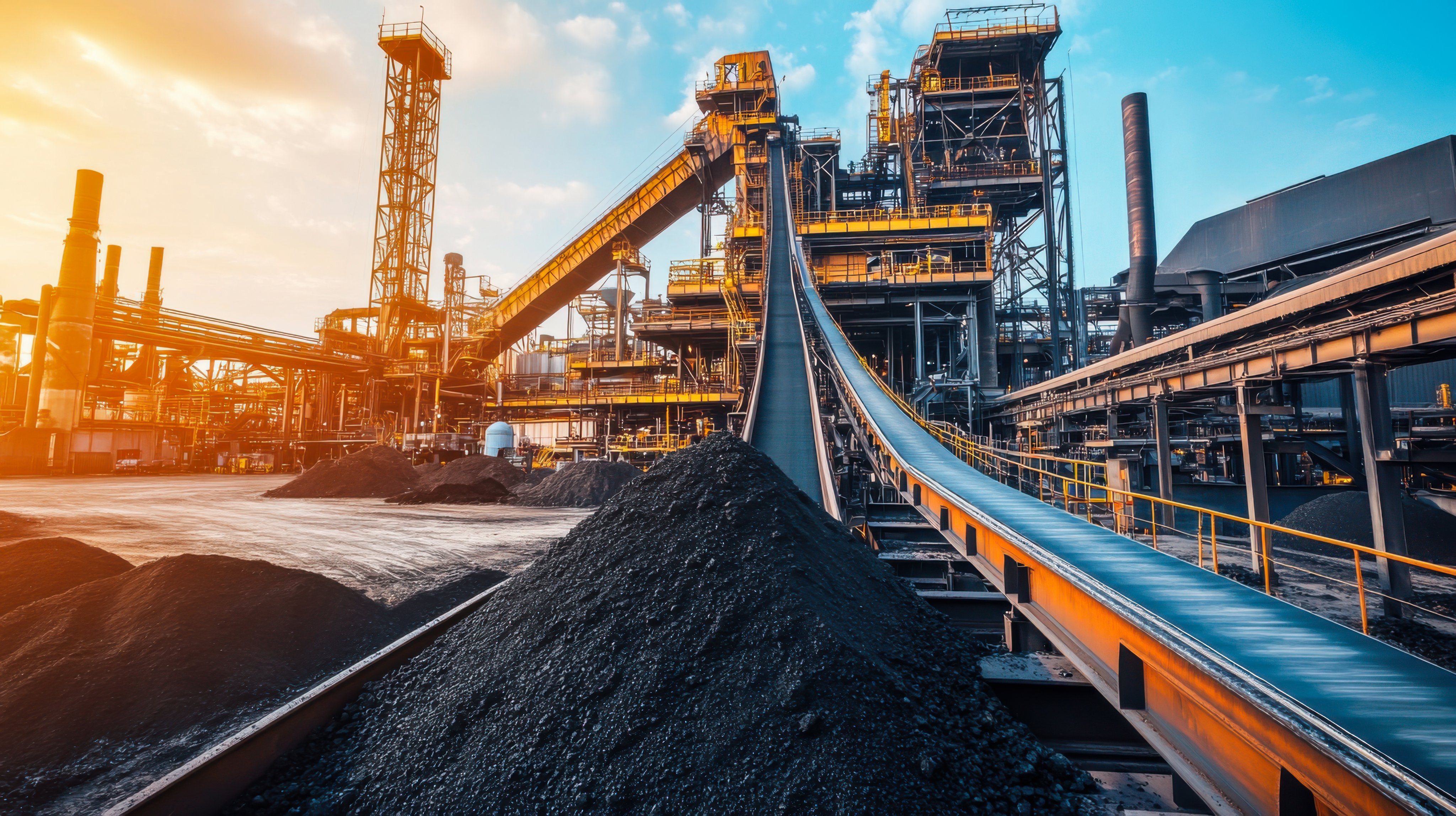 A coal processing facility is busy with conveyor belts transporting coal and other materials. Machinery and structures dominate the landscape under a clear blue sky.