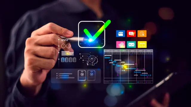 Project manager leveraging AI task approval and time management system for workflow automation, deadline tracking, scheduling optimization, productivity control, digital project execution
