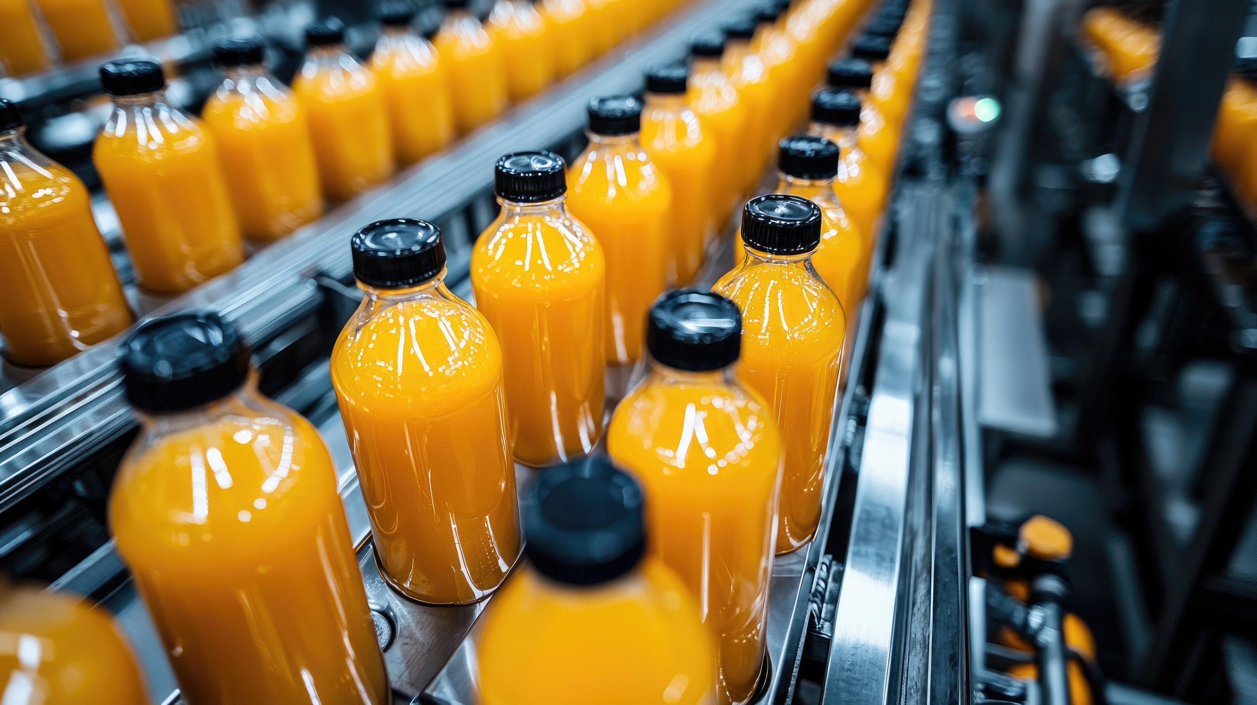 Aerial view of a production line displaying rows of orange juice bottles on a conveyor belt, highlighting the efficiency of modern manufacturing processes.