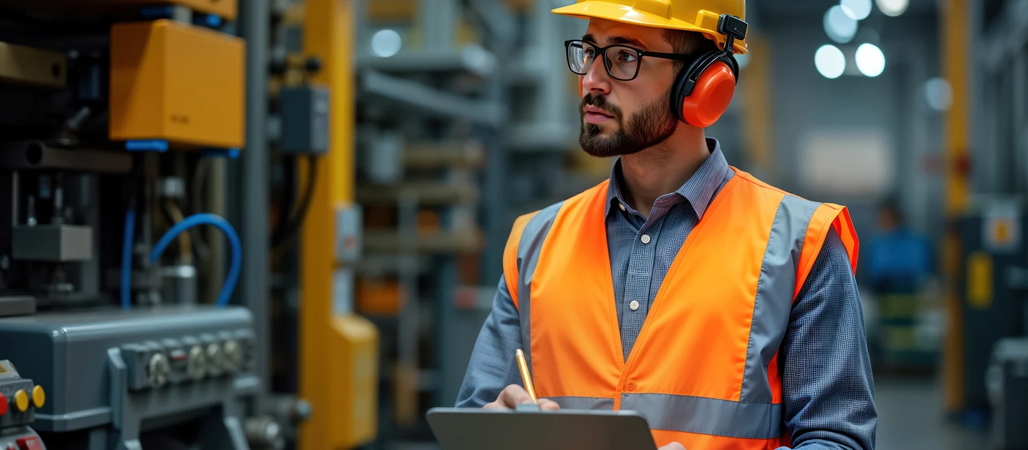 Pro technician engineer in safety hard hat inspects industrial construction equipment in factory. Man wearing safety gear checks, manufacturing machine for maintenance. Focused worker in industrial