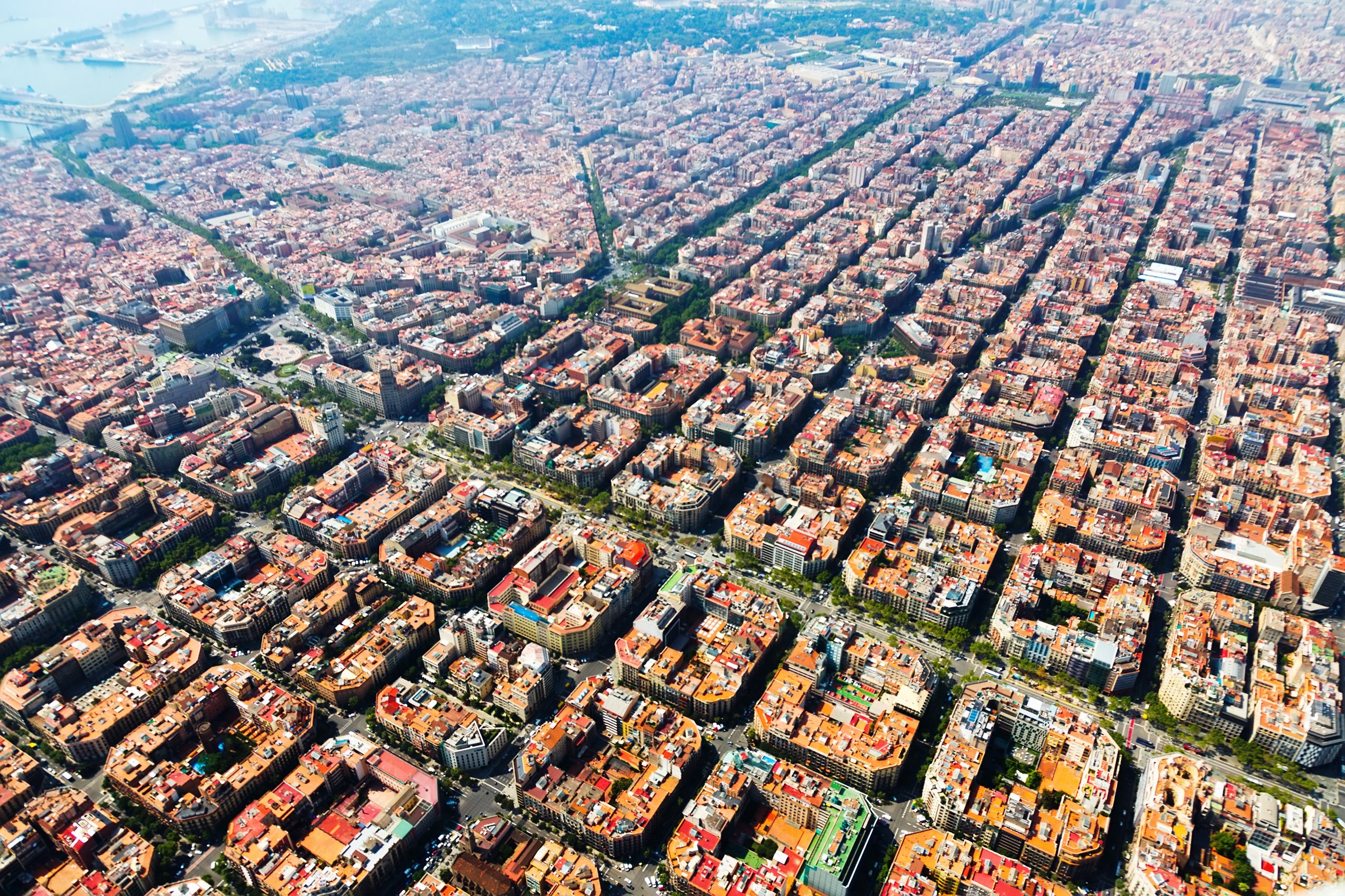 Aerial view of typical houses at Eixample residential district. Barcelona, Catalonia 