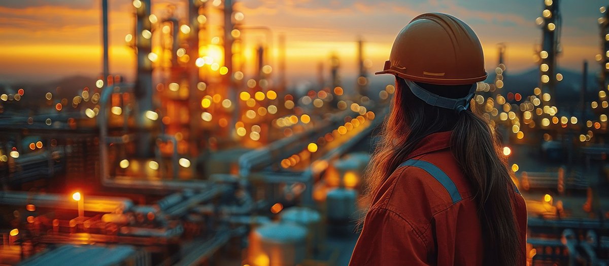 An oil worker in action at an expansive oil field, operating machinery and overseeing extraction processes for efficient oil production.
