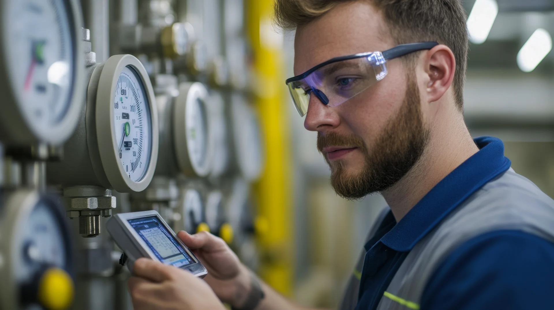 An engineer monitors oil levels using advanced sensor technology to ensure system efficiency. Focus on precision and safety in industrial environments.