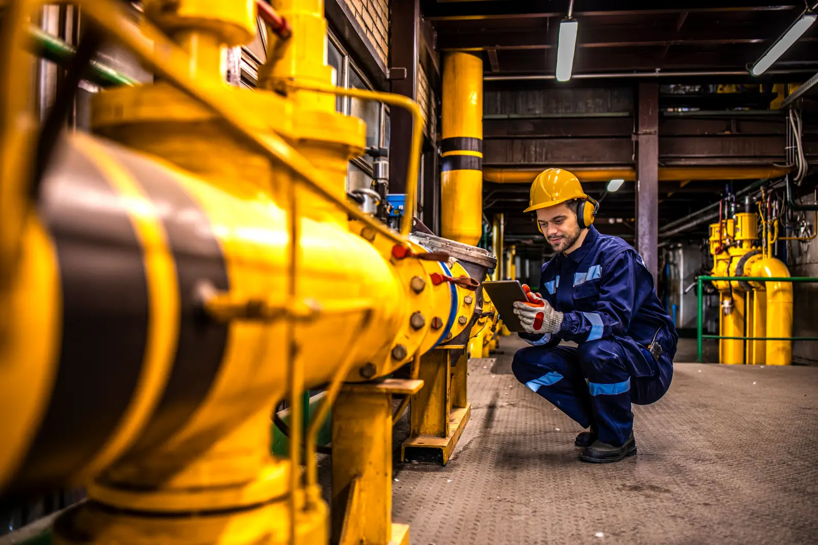 Industrial technician checking gas pipeline installations inside refinery.