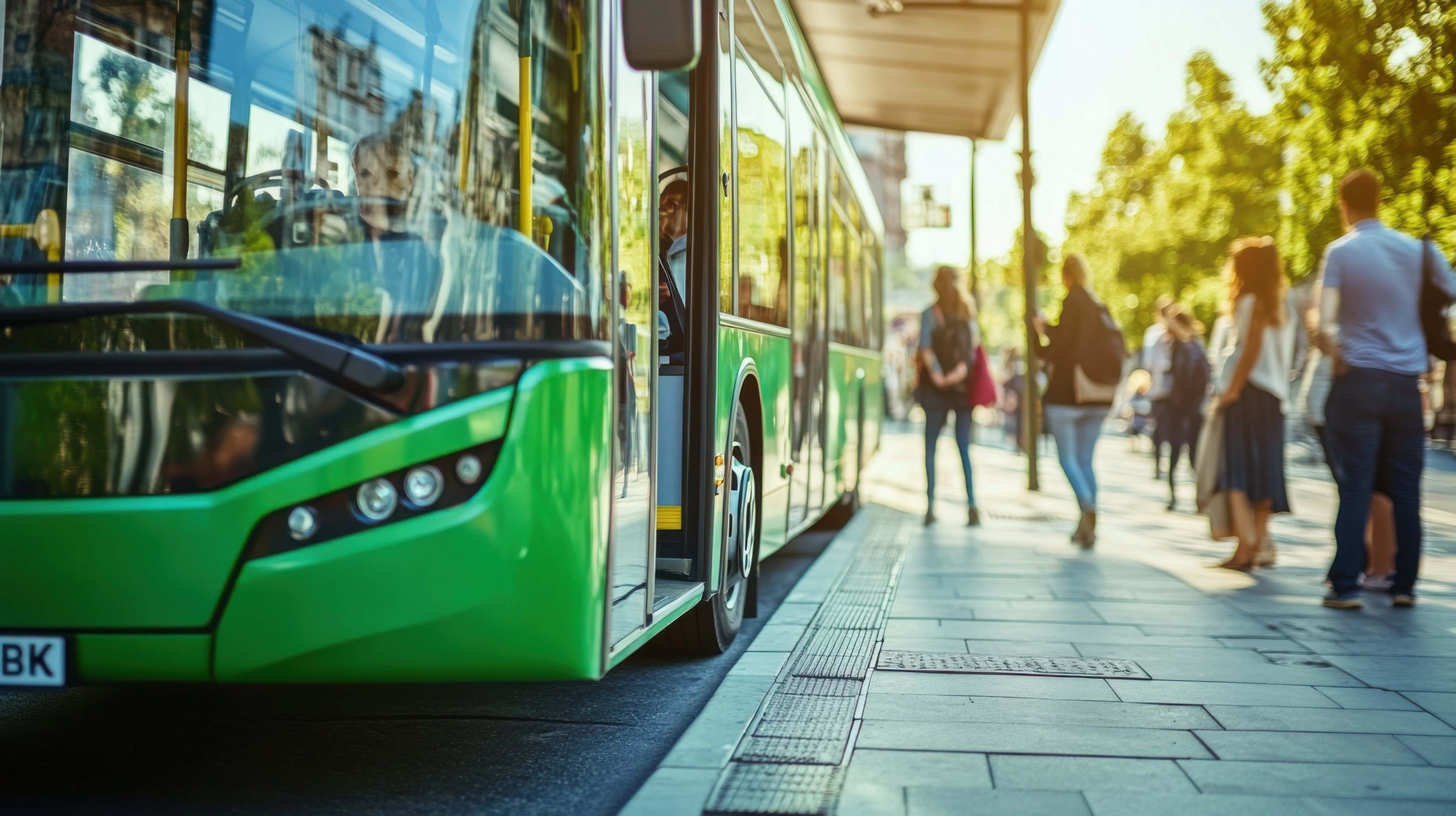 People boarding electric bus at modern city stop representing sustainable transport smart urban mobility eco infrastructure and clean energy future innovation