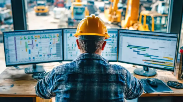 A focused professional reviews project timelines and data across several digital displays, ensuring smooth coordination and progress in a busy office setting.