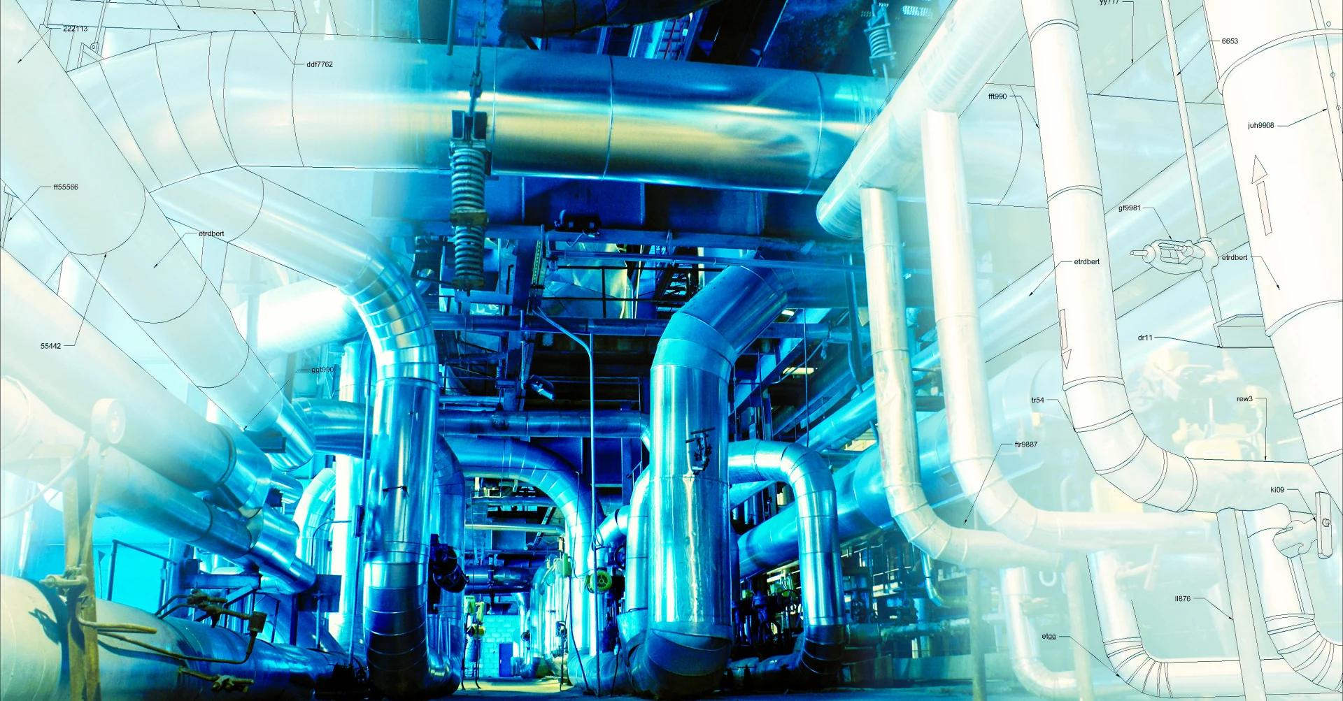 Sketch of piping design mixed with industrial equipment photo