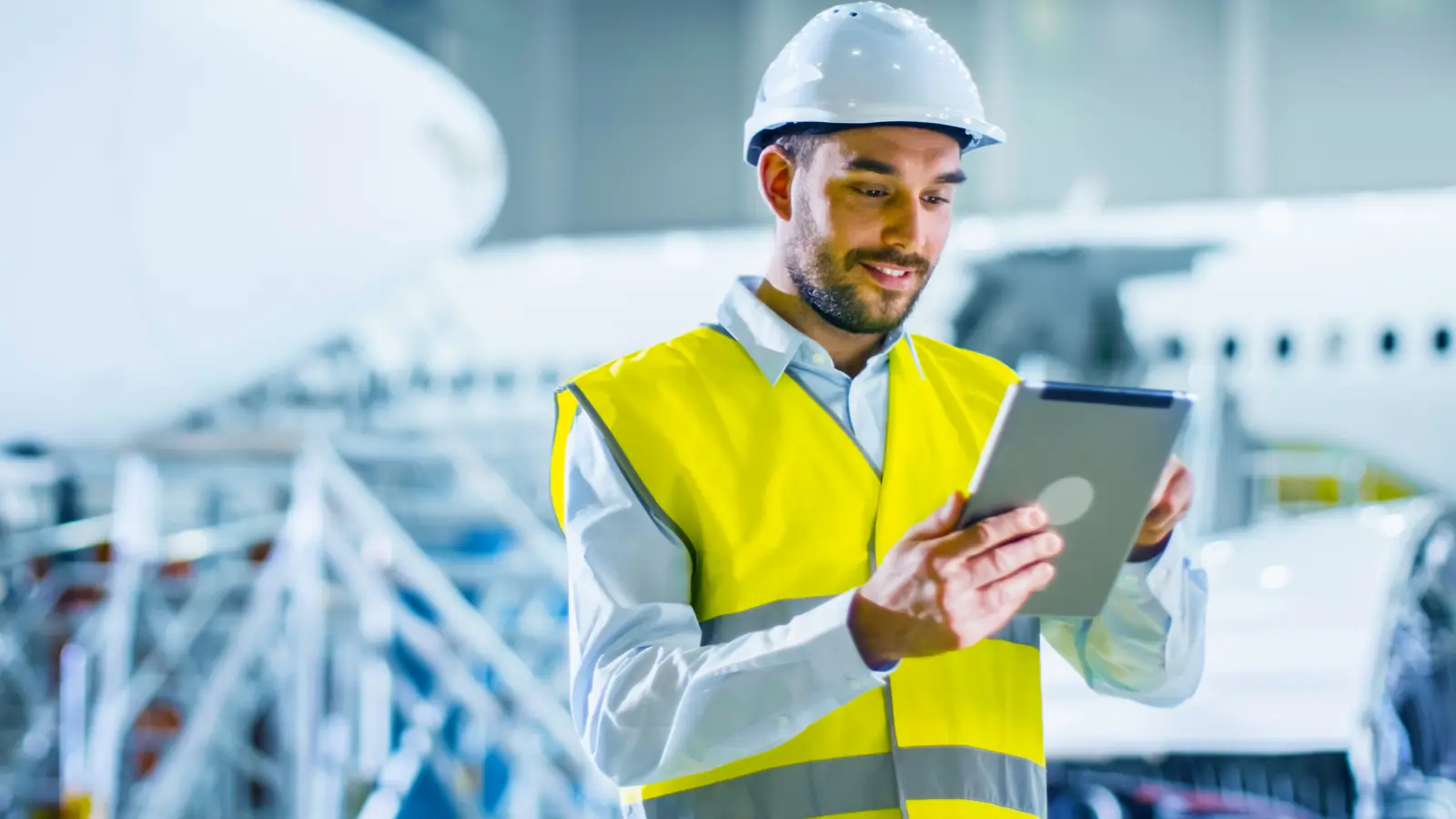Portrait of Aircraft Maintenance Mechanic in Safety Vest using Tablet Computer