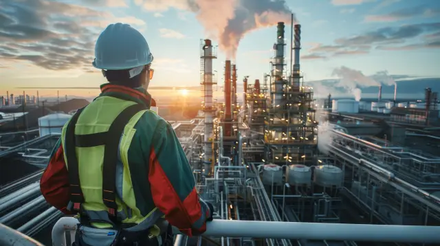 A man in a safety vest stands on a railing overlooking a large industrial plant. The sky is orange and the sun is setting, casting a warm glow over the scene. The man is observing the plant