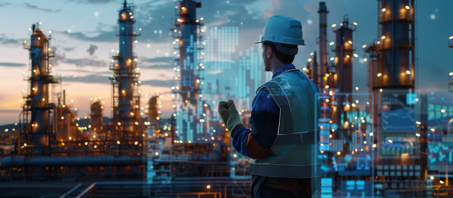 Engineer wearing safety gear at an oil refinery using digital technology and data analysis at dusk.
