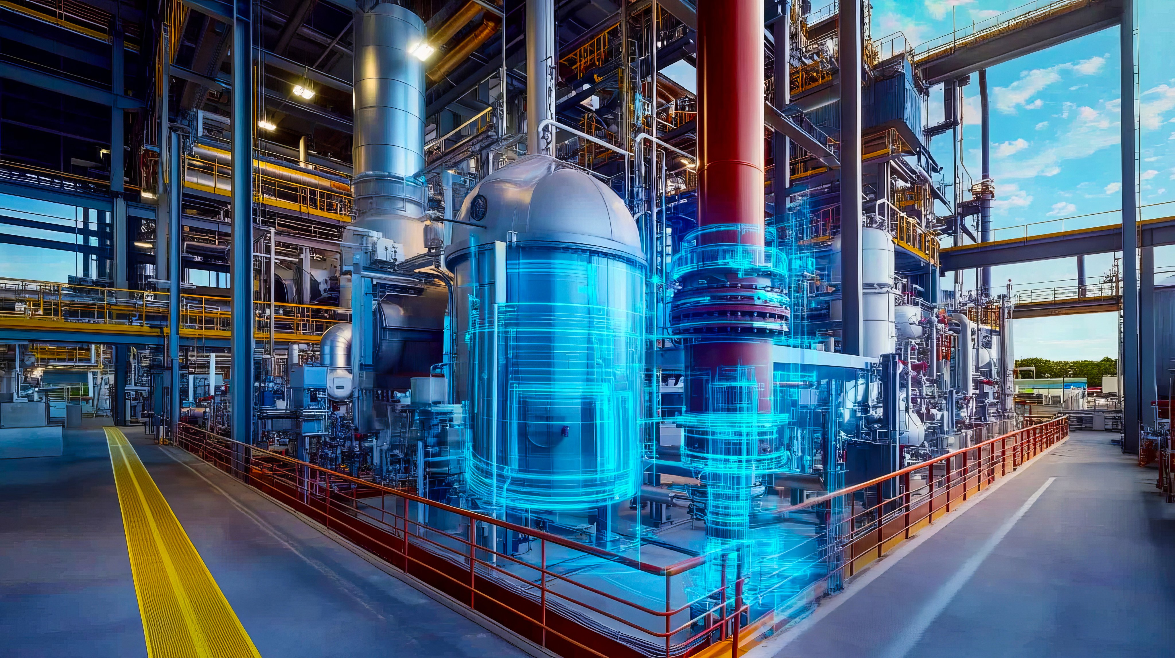 Digital Twin of Industrial Plant 3D Model Overlay on Refinery Structure, Industrial Automation, Digitalization Industrial IoT, Smart Manufacturing