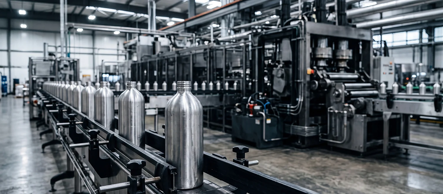 Automated production line in a modern industrial factory. Aluminum bottles on robust conveyor.