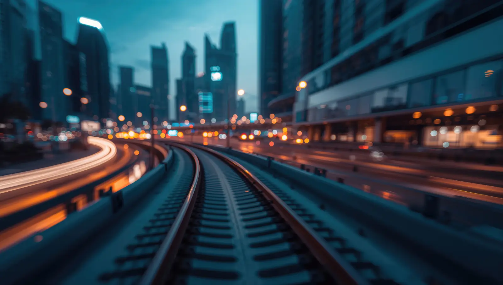 Abstract backdrop featuring a dynamic railway track with glowing city lights in the background.
