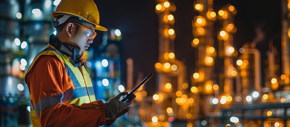 Engineer wearing safety uniform and helmet looking detail tablet on hand with oil refinery factory at night time background --ar 16:9 Job ID: 40c883f9-2333-43b3-9242-55e8f0a4b11e