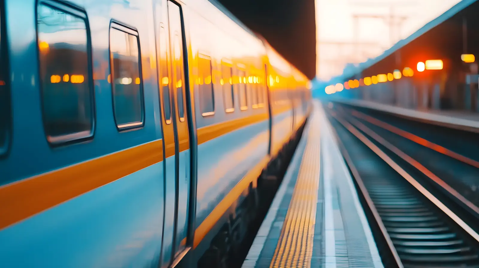 A high-speed train moving through a modern railway platform, showcasing advanced transportation technology and safety systems.
