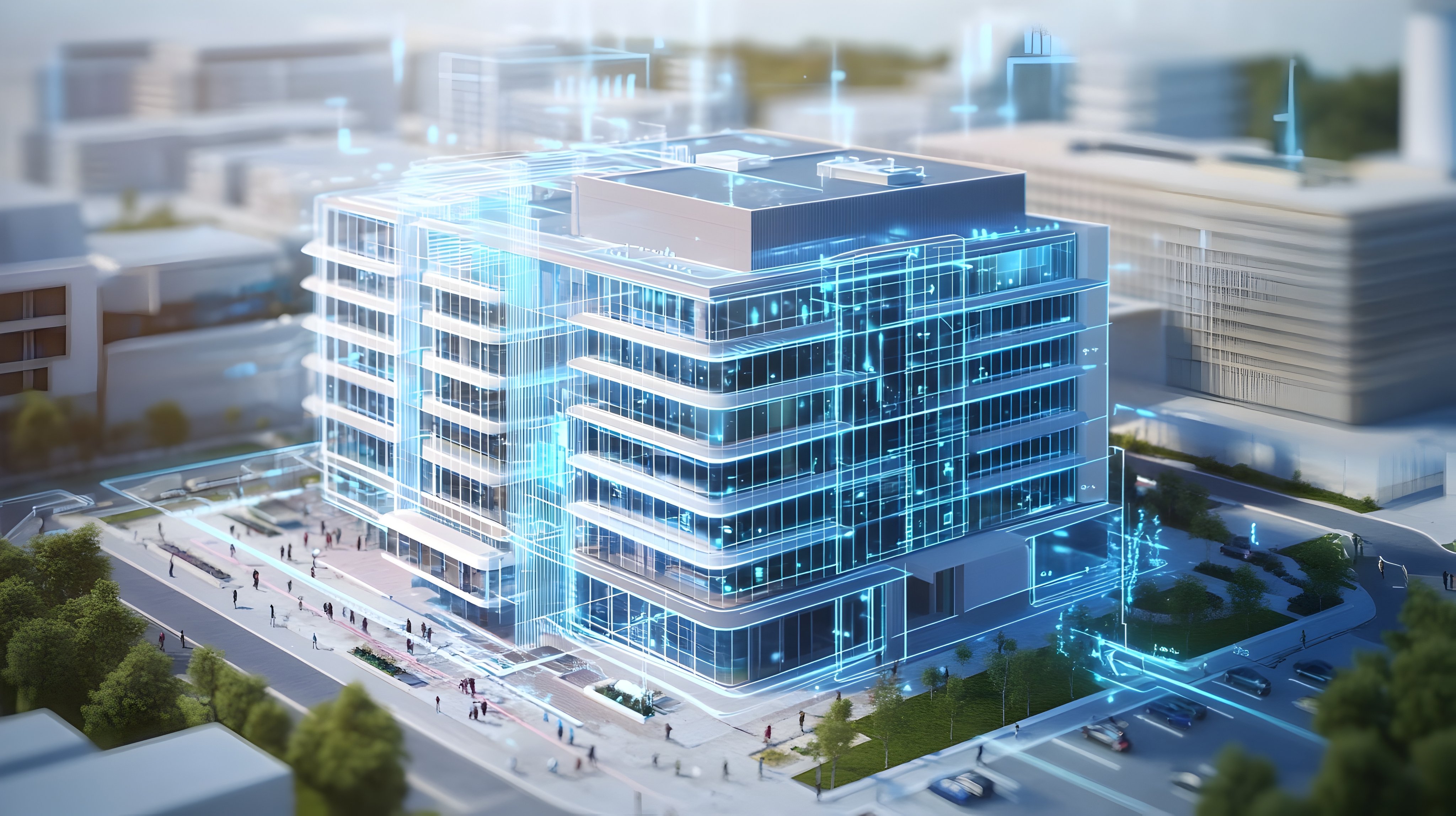Digital twin technology optimizing the energy usage and efficiency of a contemporary commercial or residential building with copy space available for text overlay or additional information 