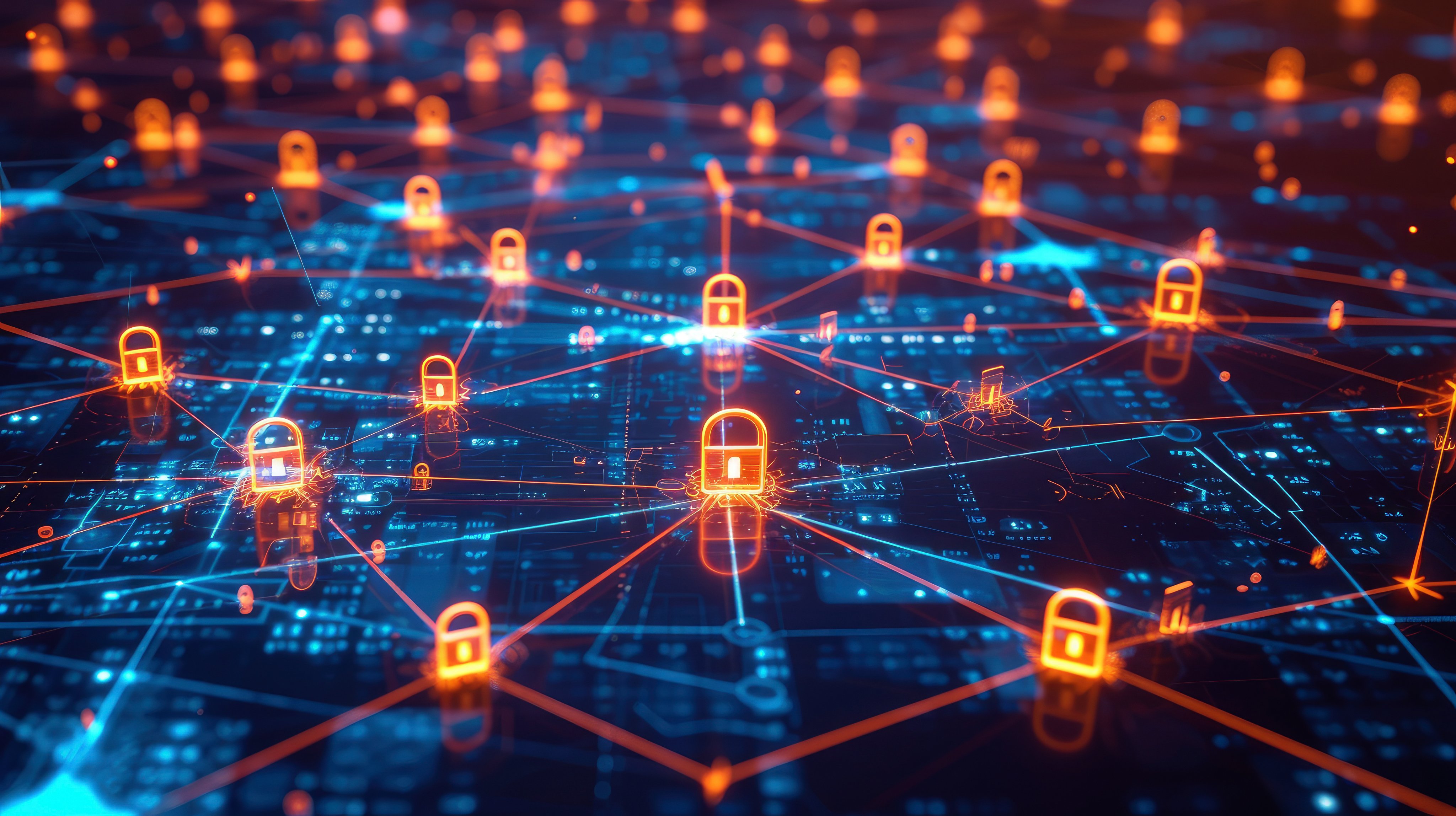 Cybersecurity, featuring a digital network map enhanced with encryption and binary locks, symbolizing robust data protection.