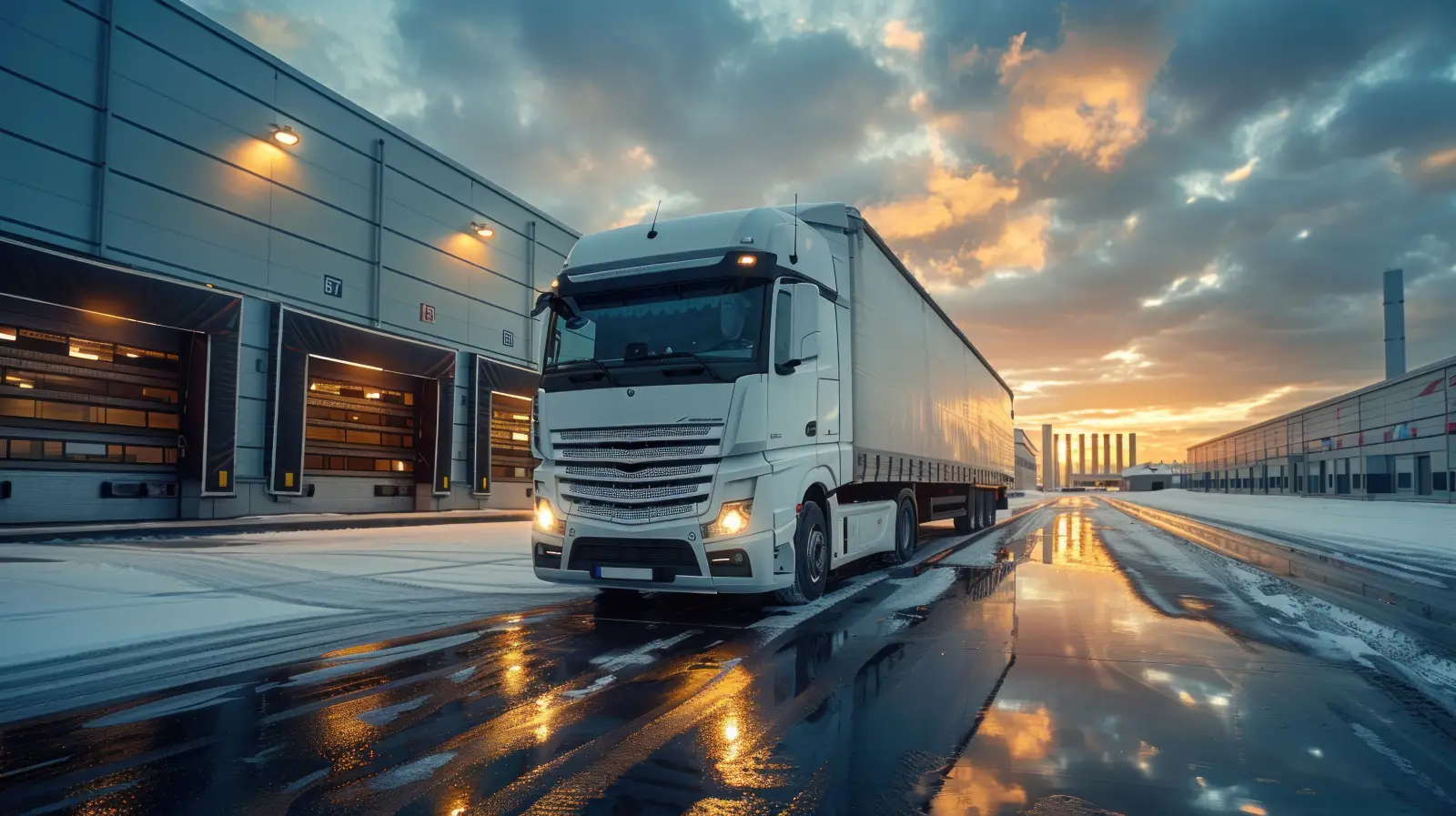 A white truck parked in front of an industrial logistics building.