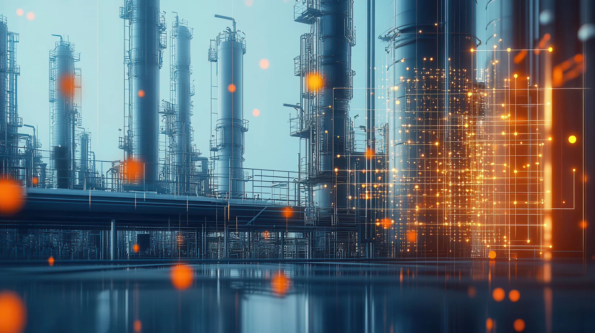 A digital illustration of an industrial plant with glowing data points and orange highlights, set against the backdrop of towering gas tanks