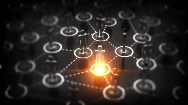 Abstract social network concept, connecting human figures by network graph.