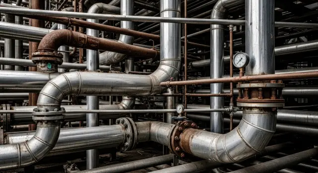 Close-up of metallic pipes and plumbing in an industrial facility, perfect for manufacturing, engineering, and energy sector visuals.