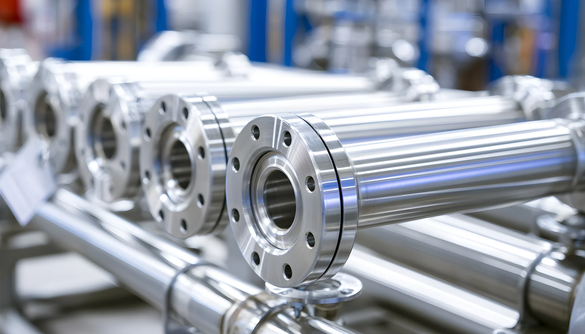 Medium shot capturing stainless steel pipe spool assembly highlighting precision fitting and tagging in a clean manufacturing environment.
